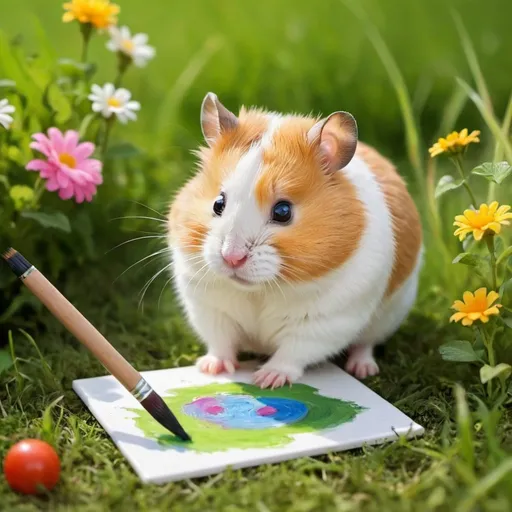Prompt: A cute hamster-painter draws a cute cat on the grass
