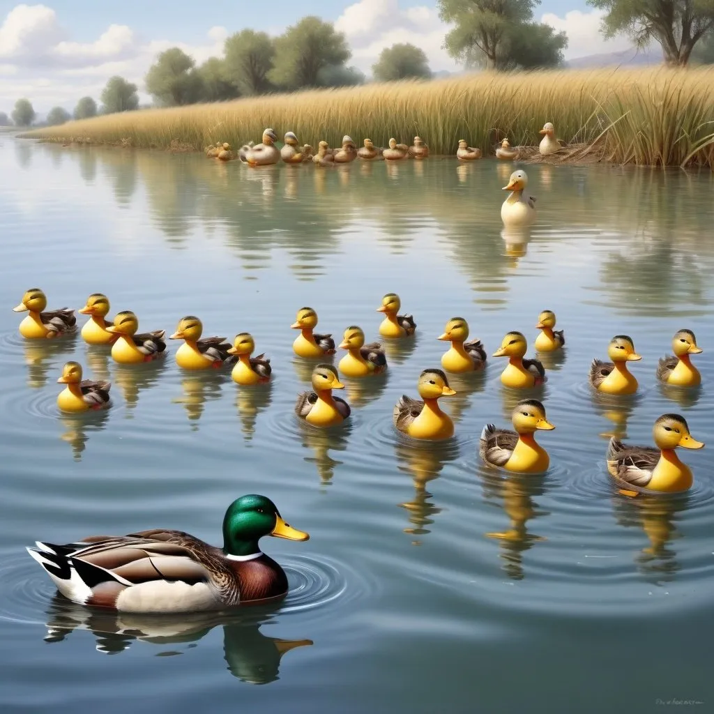 Prompt: A super realistic image of a convoy of ducks swimming in the water, one large duck leads the way and behind him small ducks swim in the convoy
It is important that he sees a leader and leads them and not that they are scattered around him, but that he is at the head of the caravan and they are behind him.