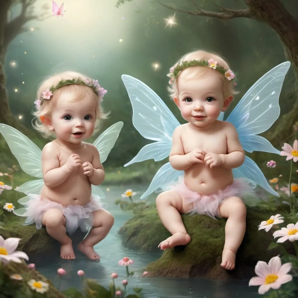 Prompt: Create a super realistic image of a land of cute baby fairies.