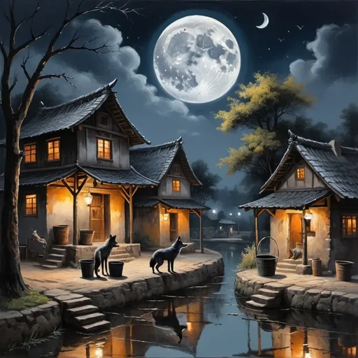 Prompt: Majestic oil painting, ancient village scenery, nostalgic water well, moon's reflection on water, two hanging buckets, one with a black wolf, the other with a fox, deeper bucket with drowning black wolf, shallow bucket with a happy fox, scared black wolf barking, laughing fox, nocturnal setting, top-down perspective, rich oil colors, detailed brushwork, mysterious ambiance, intricate village details, moonlit sky, traditional painting style, by a masterful artist, high-resolution image.