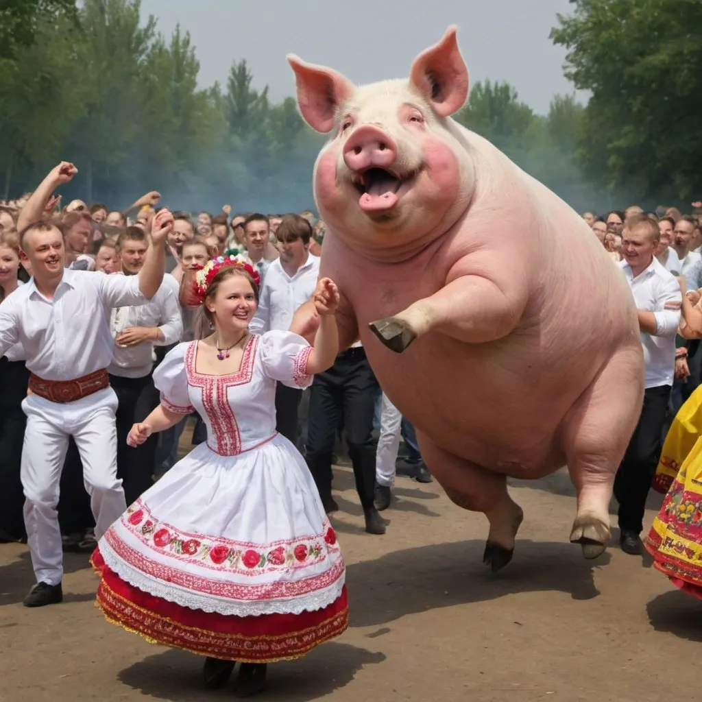 Prompt: hundrets of ukranian people with traditional clothes are dancing with big pigs