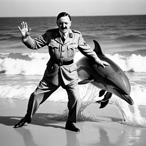 Prompt: hitler is dancing with dolphins in sahara