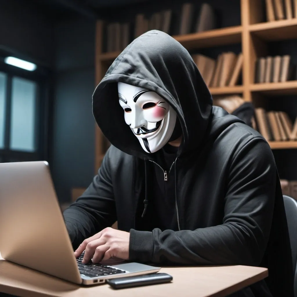 Prompt: guy with hood looking down and no face, he have anonymus mask, laptop with alot of money on the backround
