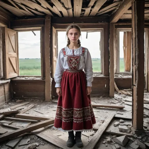 Prompt: a ukranian girl with traditional clothes stands in the middle of a broken house