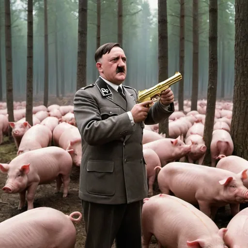 Prompt: hitler shooting at 100 pigs with a gold gun in forest