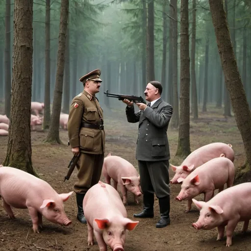 Prompt: hitler shooting at pigs in a forest