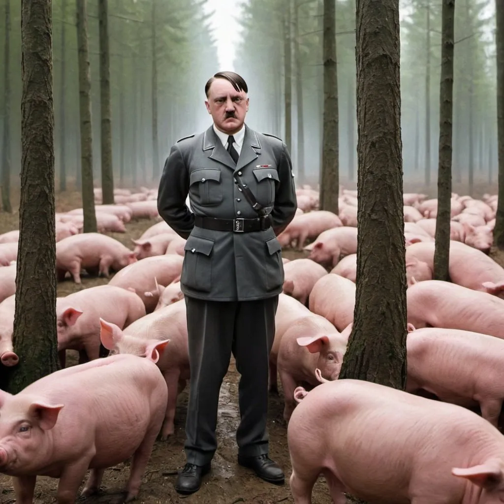 Prompt: hitler shooting at 100 pigs with a drum gun in forest