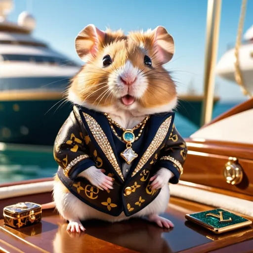 Prompt: verry rish hamster in luis vitton and gucci with a yatch on the backround