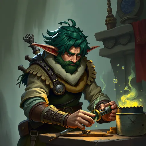 Prompt: dungeons and dragons fantasy art halfling male artificer with dark green hair workshop tinkerer