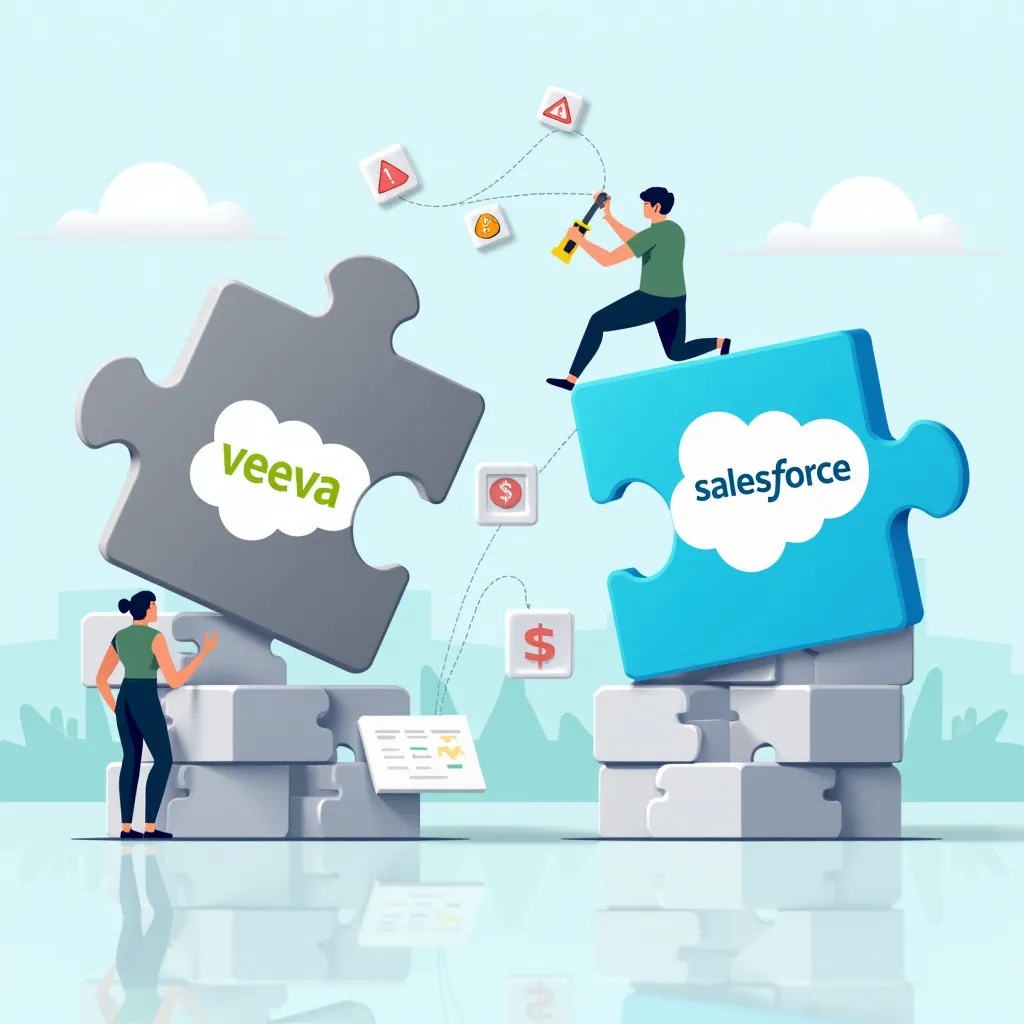 Prompt: Visual Concept: A depiction of two puzzle pieces or building blocks bearing the logos of Veeva and Salesforce slowly moving apart or disconnected, symbolizing the separation between the two companies.

Background Elements: In the space between the two puzzle pieces, include visual representations of common challenges mentioned in your post, such as data migration issues (e.g., floating data icons with warning signs), integration hurdles (e.g., broken connection lines), and cost implications (e.g., dollar signs or broken piggy banks).

Consulting Company Representation: On one side of the image, illustrate a team of professionals or a guiding hand bridging the gap between the two puzzle pieces. This symbolizes the role of a consulting company in facilitating a smooth transition. They could be shown constructing a bridge or connecting the pieces back together with tools.

Color Scheme: Use a professional and calm color palette—blues, grays, and whites—to maintain a corporate feel. Accent colors like green or orange can highlight key elements like the consulting team or the bridging solutions.

Style: Opt for a clean, modern graphic style or minimalistic illustration to keep the image professional and in line with industry standards.