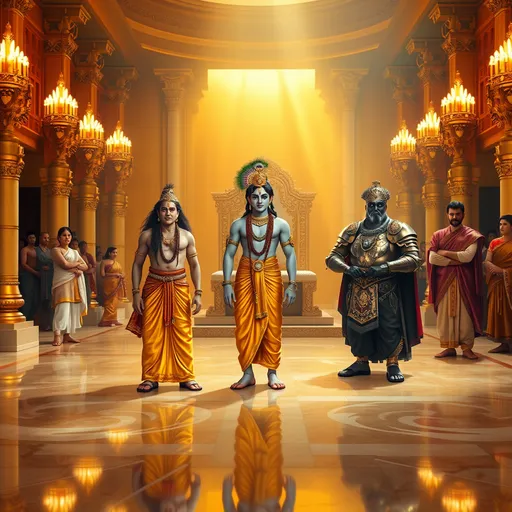 Prompt: A grand hall bathed in a warm golden glow, the polished marble floors reflecting light from ornate torches mounted on walls adorned with gemstones. Krishna, dressed in a golden silk dhoti with a peacock-feather crown, stands radiant and calm. Dhritarashtra, clad in an embroidered royal robe, sits on a gem-encrusted throne with a neutral expression. Duryodhana, clad in dark, ornate armor with a gleaming crown, looks defiant, his arms crossed. Ministers and courtiers, clad in richly woven silk, watch in tense silence. The hall exudes a delicate balance between grandeur and looming conflict.