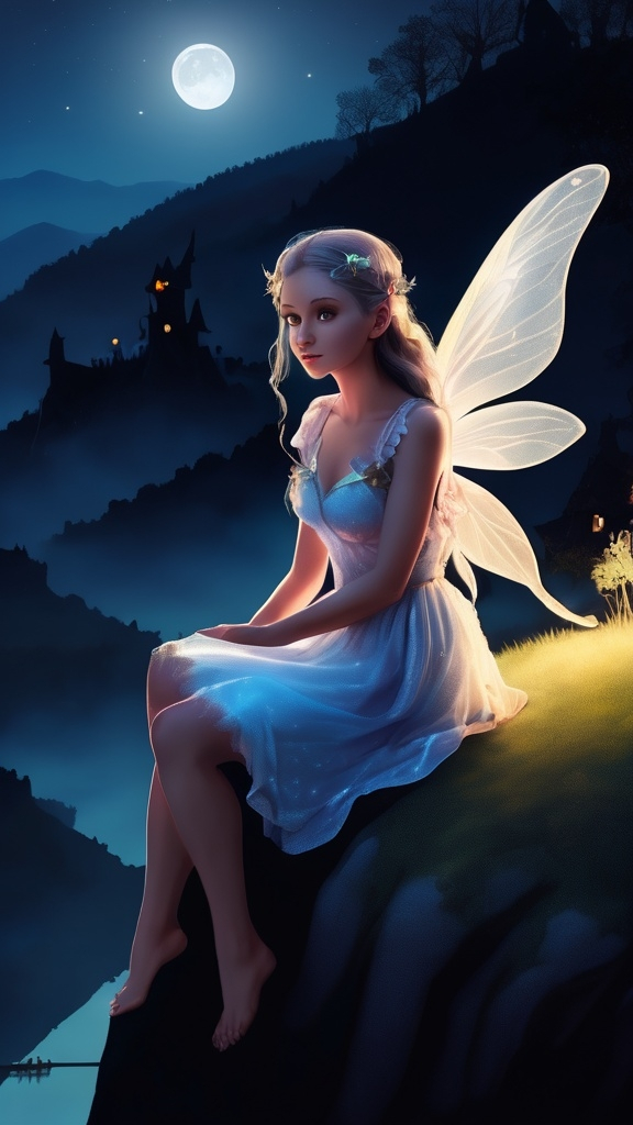 Prompt: A beautiful fairy sitting on the edge of the hill at night time, atmosphere is dramatic and adorable.