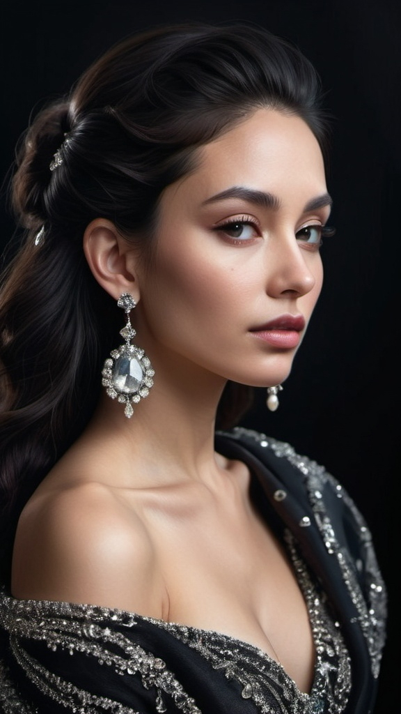 Prompt: "Create a hyper-realistic, side-profile portrait of a woman dressed in an extravagant, jewel-encrusted gown. Her long black hair should be intertwined with strands of diamonds and pearls, giving her a regal, almost otherworldly appearance. The woman's face should be delicate and beautifully lit, with soft makeup that enhances her natural features. She wears an oversized, faceted diamond earring that glistens against the dark, contrasting background. The overall mood should be luxurious, elegant, and mysterious, with a focus on the interplay of light on the jewels and the rich textures of the materials."