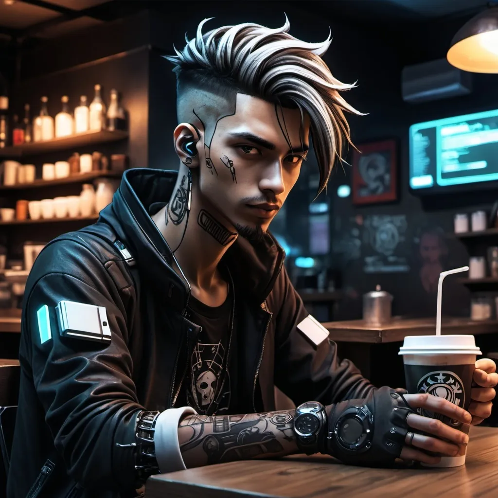 Prompt: Anime cyberpunk style, man in coffee shop, highly detailed, HD, dark background