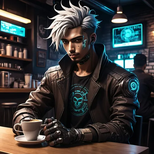 Prompt: Anime cyberpunk style, man in coffee shop, highly detailed, HD, dark background