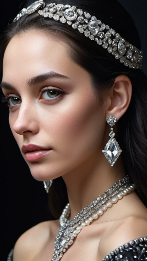 Prompt: "Create a hyper-realistic, side-profile portrait of a woman dressed in an extravagant, jewel-encrusted gown. Her long black hair should be intertwined with strands of diamonds and pearls, giving her a regal, almost otherworldly appearance. The woman's face should be delicate and beautifully lit, with soft makeup that enhances her natural features. She wears an oversized, faceted diamond earring that glistens against the dark, contrasting background. The overall mood should be luxurious, elegant, and mysterious, with a focus on the interplay of light on the jewels and the rich textures of the materials."