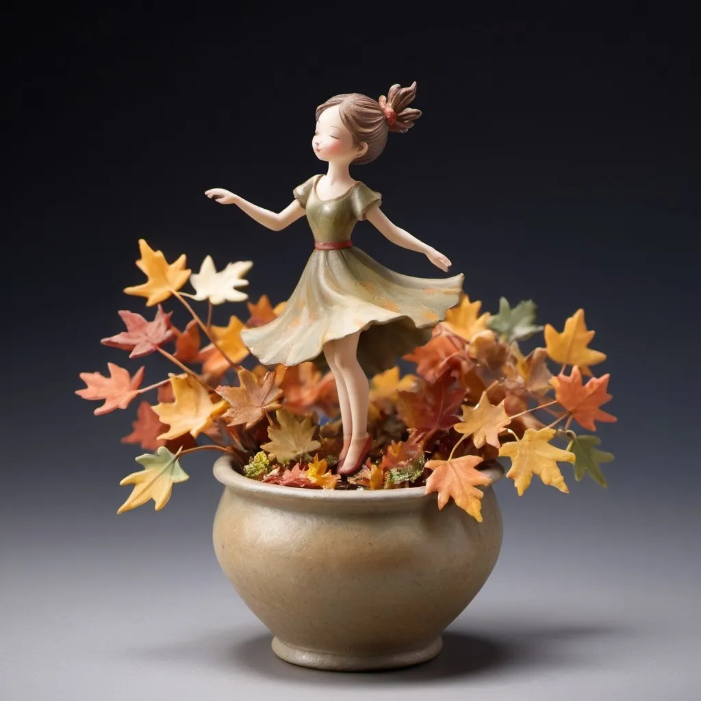 Prompt: A whimsical miniature girl figure composed of delicately arranged autumn leaves. poised in a carefree dance on the rim of a water pot