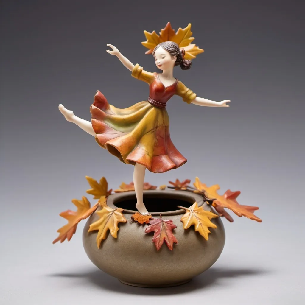 Prompt: A whimsical miniature girl figure composed of delicately arranged autumn leaves. poised in a carefree dance on the rim of a water pot