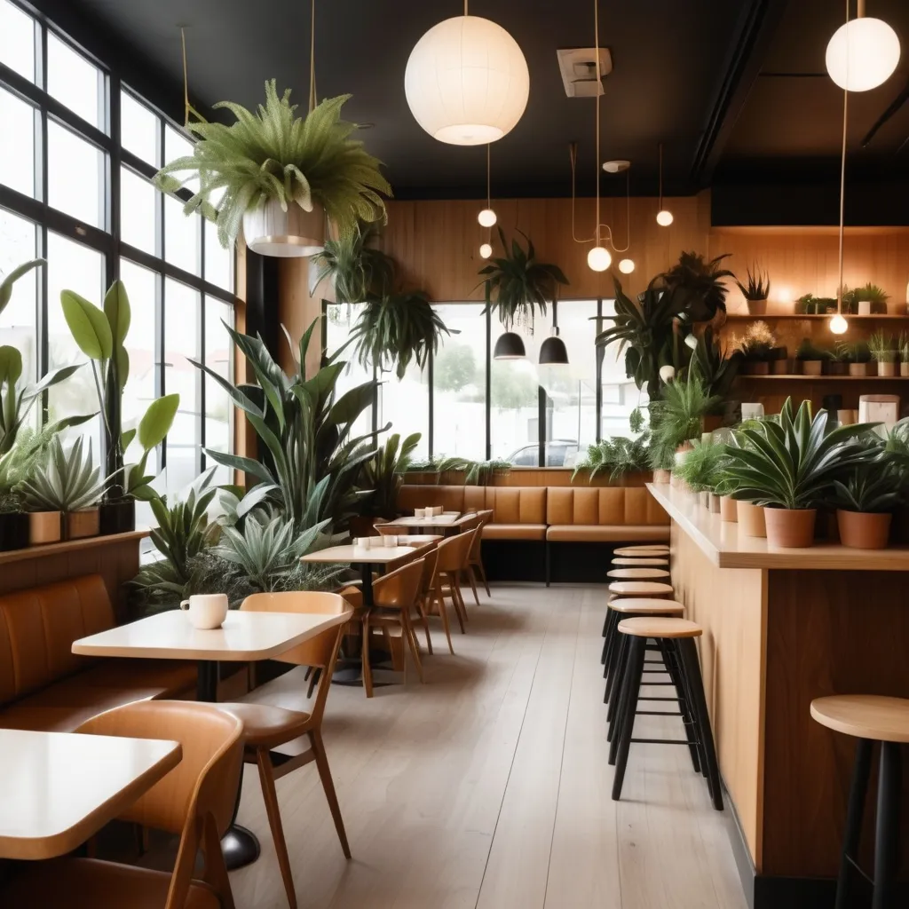 Prompt: a low lighting midcentury modern cafe witth wood and a minimalist sttyle. lots of live plants as decoration
