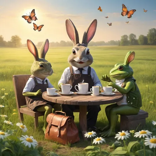 Prompt: Rabbit and frog are sitting in the field and making coffee. It is shining. bags and butterflies are flying.