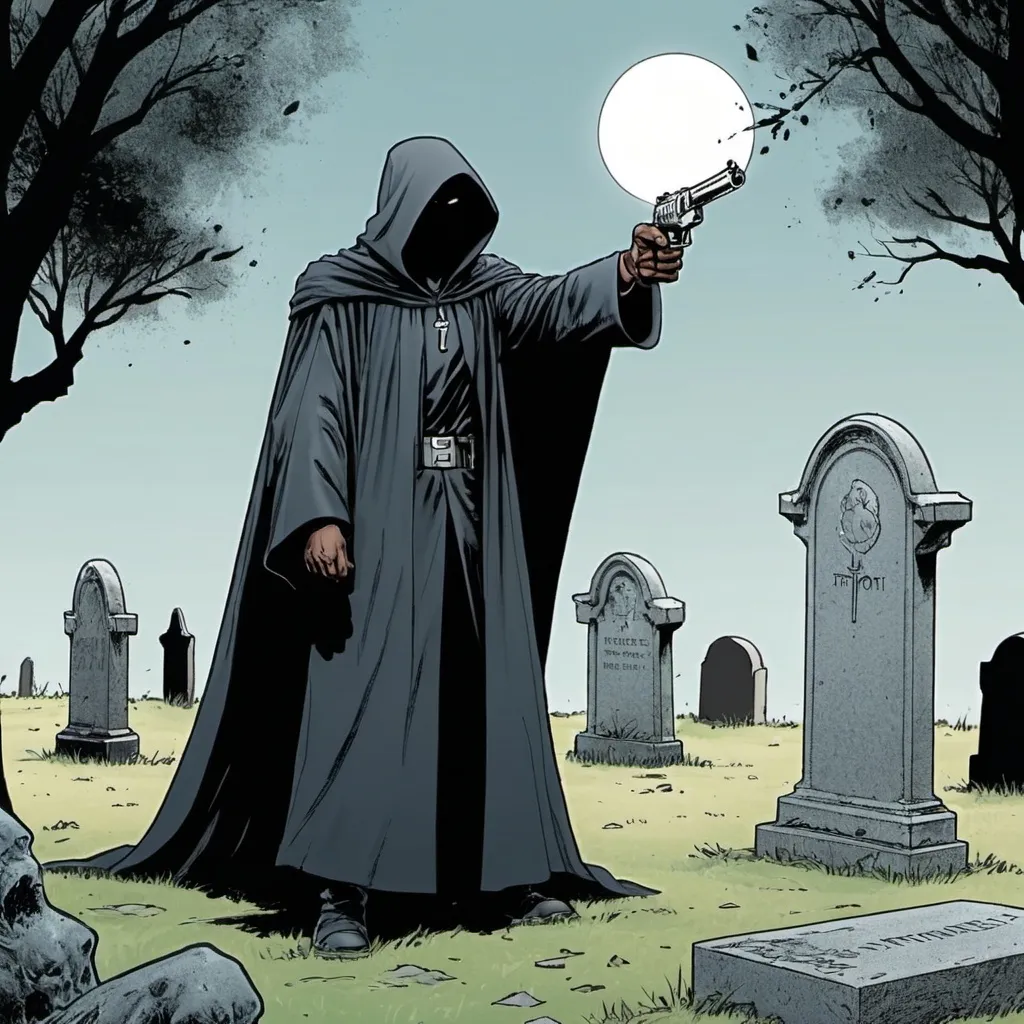 Prompt: comic page style, black robed man with a gun pointing at a mysterious headstone