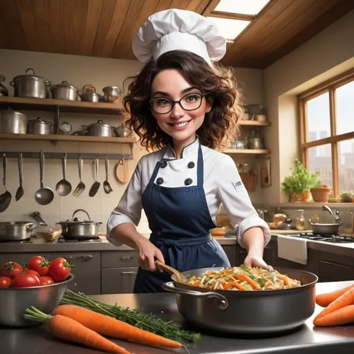 Prompt: Story book illustration : In the bustling kitchen of HealthyWill, there's never a dull moment. Meet Chef Lily, the maestro behind the pots and pans, and prepare to embark on a culinary adventure like no other. With her wild curls bouncing and a mischievous twinkle in her eye, Chef Lily is not your ordinary chef. No, she's a wizard of the kitchen, a magician of munchies, and a master of merriment!

As Chef Lily whirls around the kitchen, you can't help but get caught up in her infectious energy. She tosses ingredients with flair, sings to her sizzling pans, and even does a little dance with a carrot or two. But amidst all the laughter and chaos, there's a serious mission at hand: to show that healthy eating can be as fun as it is nutritious.