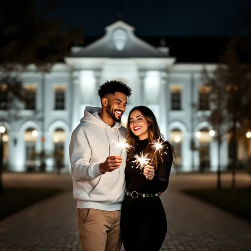 Prompt: Under the night sky, two young individuals stand closely together, exuding a joyful spirit as they hold sparklers that illuminate their faces with a warm glow. The young man, wearing a white hoodie and beige pants, leans slightly towards the young woman beside him, who is dressed in a sleek black outfit and stylish heels. Behind them, a beautifully lit white building echoes the tranquil charm of the scene, its architecture softly highlighted by lights that give off a serene ambiance. The texture of the cobblestone path beneath their feet complements the overall romantic atmosphere, creating a perfect backdrop for their celebratory moment filled with laughter and camaraderie.