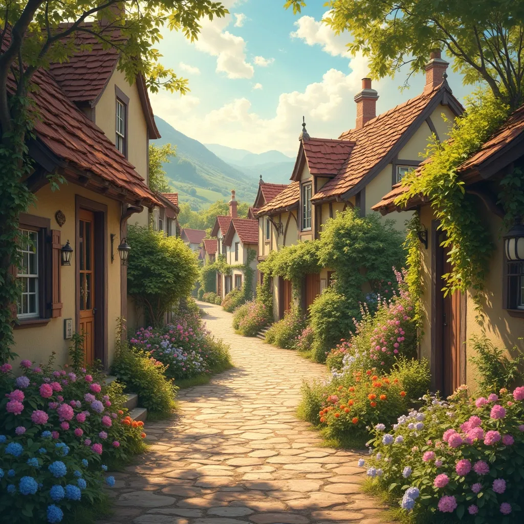 Prompt: village scene, vintage style, soft earthy tones, dreamy atmosphere, rustic cottages surrounded by blooming gardens, cobblestone pathways winding through the village, warm golden sunlight casting gentle shadows, nostalgic ambiance, tranquil setting, ultra-detailed, HD quality, serene skies with light clouds, hints of daily village life, whimsical charm.