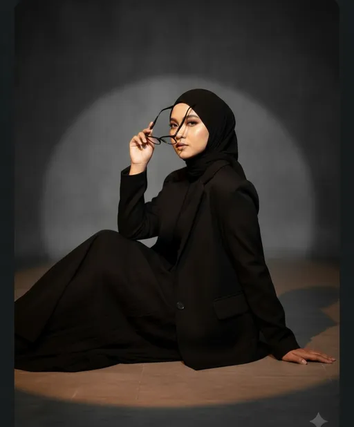 Prompt: Edit foto ini menjadi duduk santai di studio foto dengan pantulan cahaya senja. ia mengenakan outfit serba hitam : blazer oversize dan rok hitam. Anggle dari samping, memegang kacamata. gaya elegan dan edgy nuansa misterius.