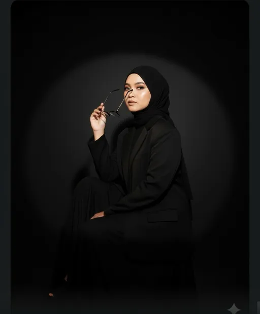 Prompt: Edit foto ini menjadi duduk santai di studio foto dengan pantulan cahaya senja. ia mengenakan outfit serba hitam : blazer oversize dan rok hitam. Anggle dari samping, memegang kacamata. gaya elegan dan edgy nuansa misterius.