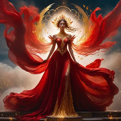 Prompt: photographic, etheral, mist, fantasy gilded goddess in long flowing billowing sheer red gown on sacrificial alter under golden moonlight, chaos, plume, billowy, mist, gold leaf florals, hyperrealistic