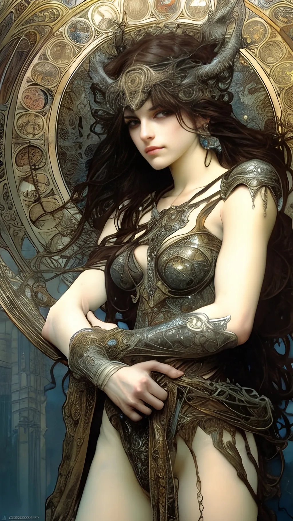 Prompt: Nesta Archeron, full body, splash art, detailed, captivating eyes, highly detailed, elegant, intricate, 8k, art by Alphonse Mucha, Luis Royo