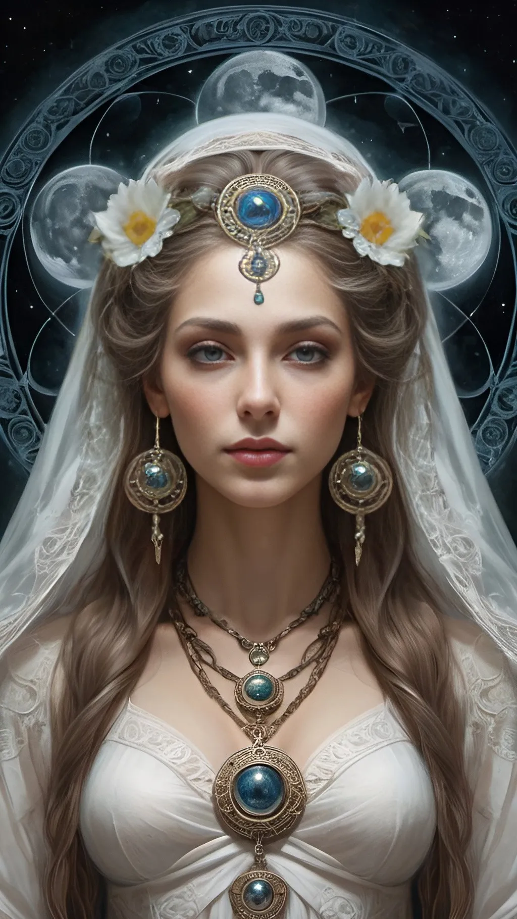 Prompt: symmetrical arcane, close-up portrait beautiful majestic moon goddess, long hair, veil dress, detailed, intricate, by Konstantin Makovsky Benoit B. Mandelbrot Hans Makart Kathrin Longhurst, super-resolution, esoteric arcane mystical symbolism, hecate, north mythology flower of life 