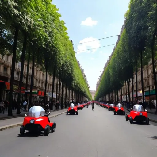 Prompt: avenue de rivoli filled  with electric karts