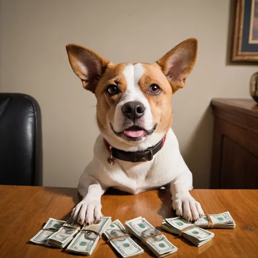 Prompt: A dog counting cash
