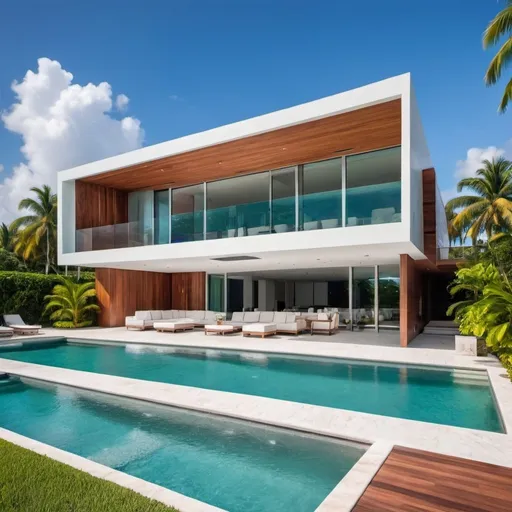 Prompt: A Modern house in Miami with a pool, woody and luxury finish inside and overlooks the ocean.