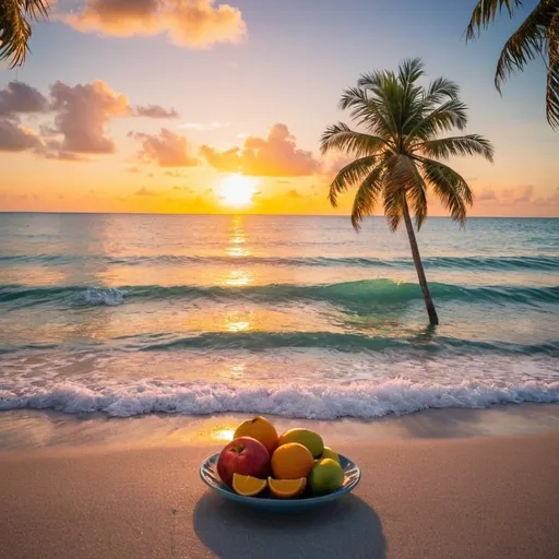 Prompt: The sunset in the middle of the ocean from the view of the beach in Miami with palm trees, fruit in the frame