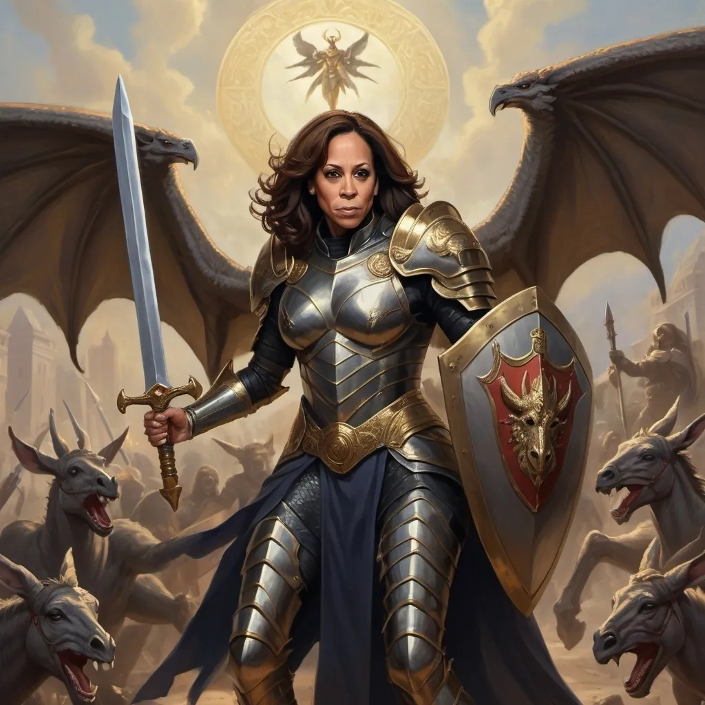 Prompt: Kamala Harris as a holy paladin slaying her enemies in the 80s dark fantasy style. oil painting style. she has  asword and shield. the shield has a dragon-donkey on it. Make a banner behind here with a creature that looks like a mix between a donkey and a dragon .
