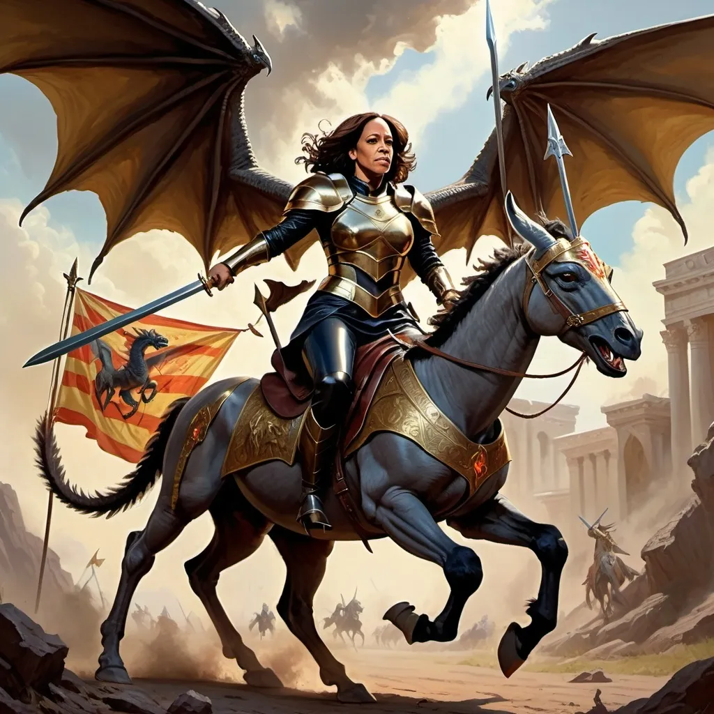 Prompt: Kamala Harris as a holy paladin slaying her enemies in the 80s dark fantasy style. oil painting style. She rides into battle with a lance. She is riding a mighty steed. Her stead is a mix between a donkey and a dragon. She carries a banner with the same dragon donkey creature on it. 