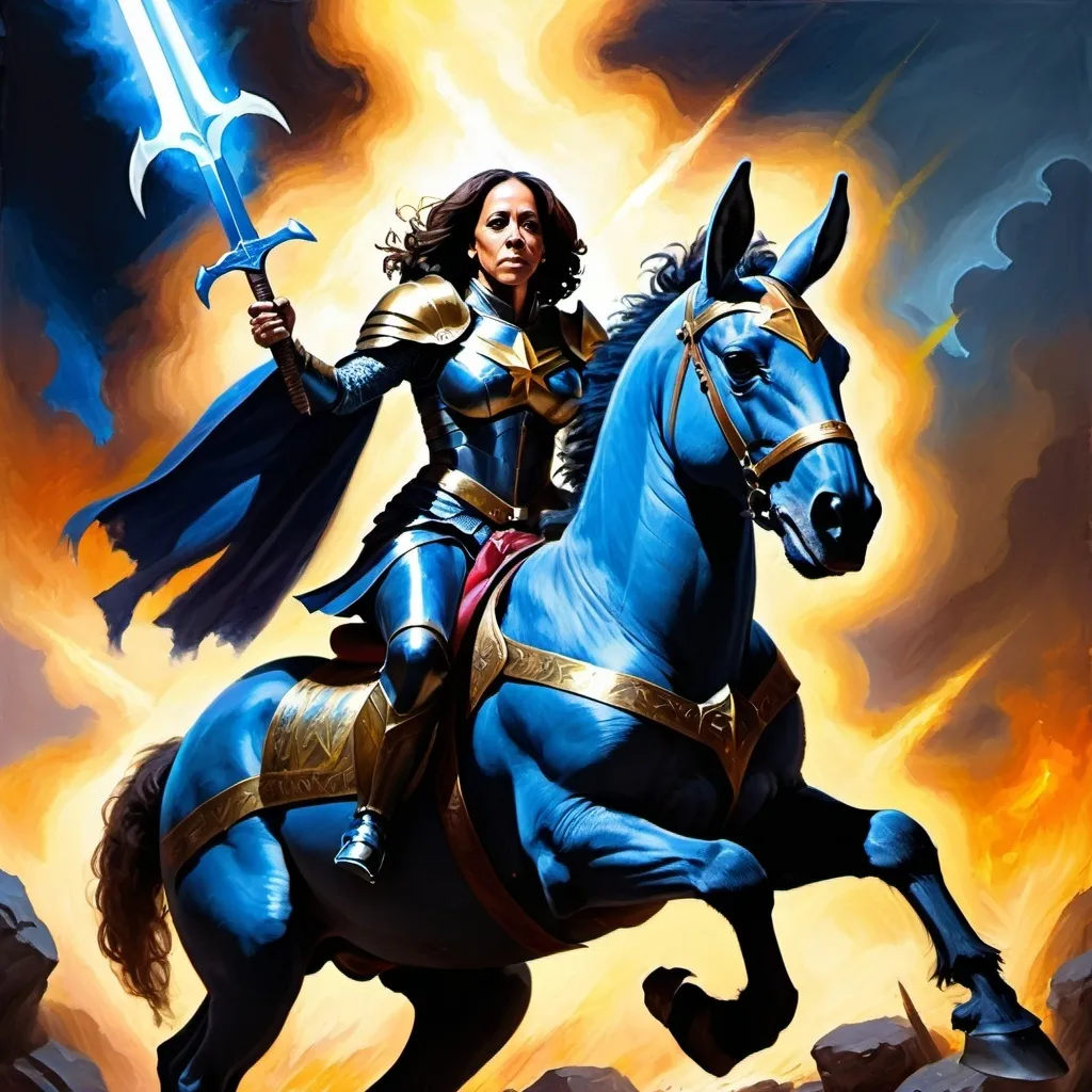 Prompt: Kamala Harris as a holy paladin slaying her enemies in the 80s dark fantasy style. oil painting style. She rides into battle with a lance. She is riding a mighty blue donkey. 