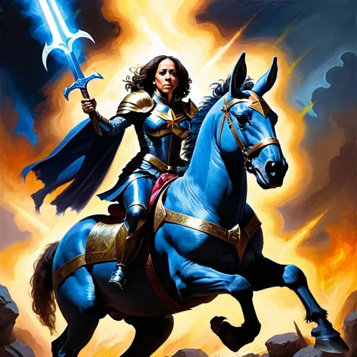 Prompt: Kamala Harris as a holy paladin slaying her enemies in the 80s dark fantasy style. oil painting style. She rides into battle with a lance. She is riding a mighty blue donkey. 