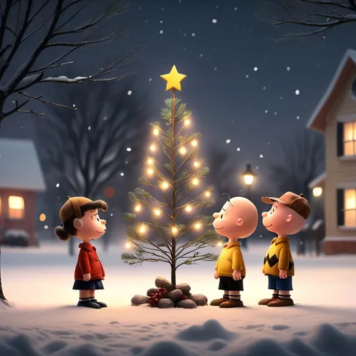 Prompt: (Charlie Brown Christmas tree), three (sad children), (winter scene), softly falling snow, cozy atmosphere, muted colors, warm glow from the tree lights, nostalgic ambiance, (emotional expression), simple decorations on the tree, quiet street in the background, delicate branches, high detail, enchanting lights, (4K resolution).