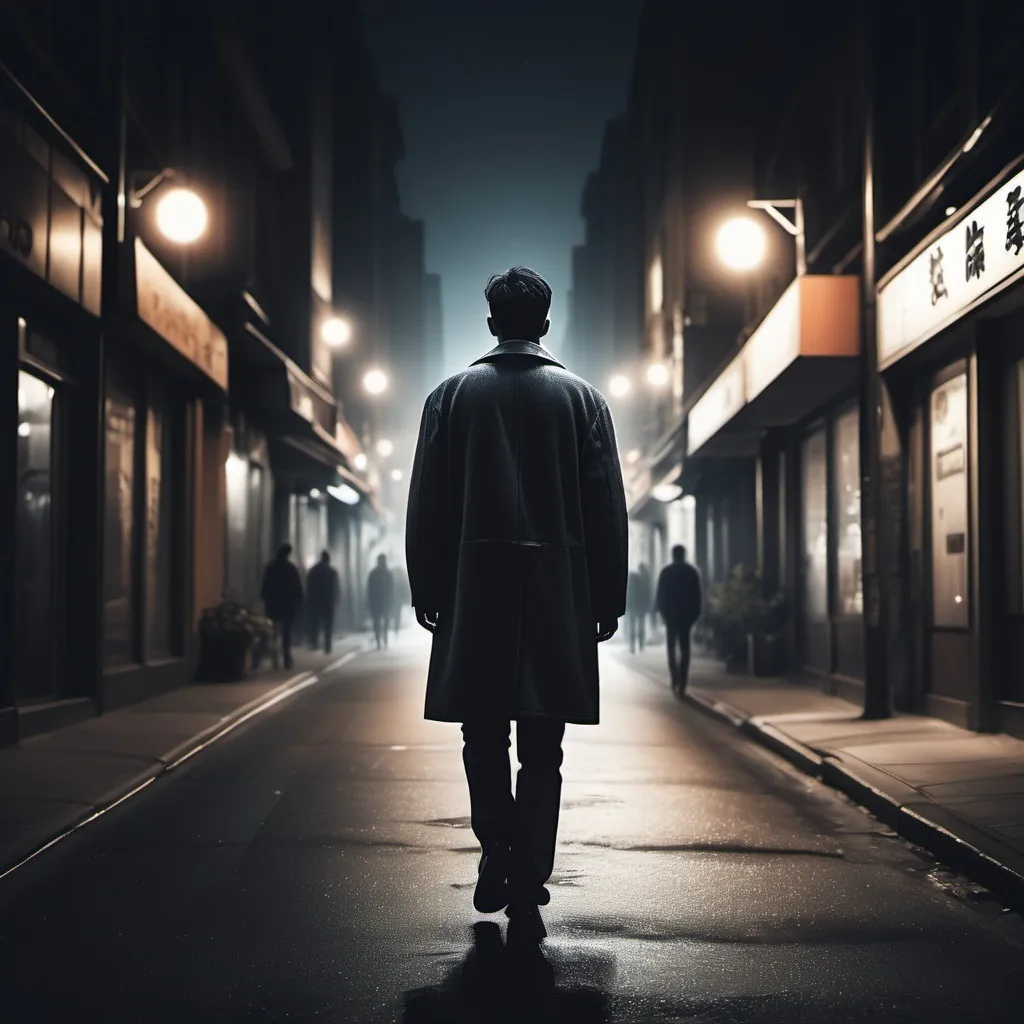 Prompt: create an image of a yong man walking down the street at night alone