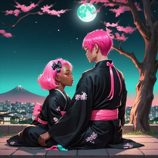 Prompt: Black girl with neon pink hair and wear a black kimono with pink ribbon. Make her sitting under a tree with a Japanese guy with long turquoise hair going down to his but , siting with each other on a warm summer night looking at gazing at the moon over the Japanese city. Make them sitting together.