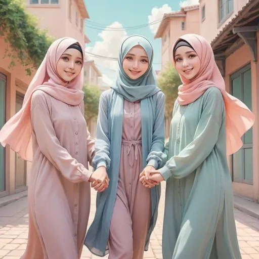 Prompt: (anime style), (pastel color scheme), three girls holding hands, wearing long shirts and hijabs, short girl in the middle, cheerful ambiance, soft and dreamy background, delicate features, gentle expressions, flowing hair, harmonious color blending, eye-catching composition, ultra-detailed, high quality, artistic masterpiece