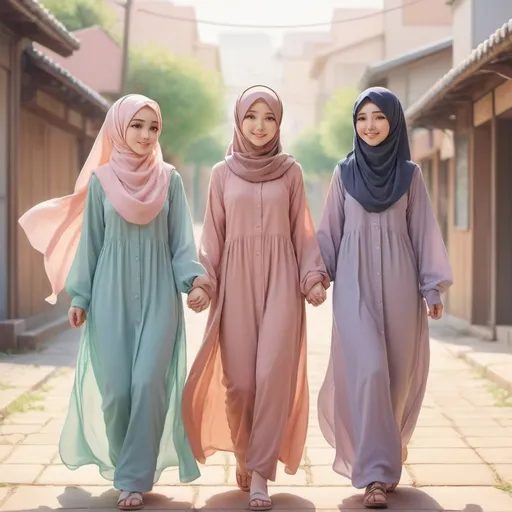 Prompt: (anime style), (pastel color scheme), three girls holding hands, wearing long shirts and hijabs, short girl in the middle, cheerful ambiance, soft and dreamy background, delicate features, gentle expressions, flowing hair, harmonious color blending, eye-catching composition, ultra-detailed, high quality, artistic masterpiece