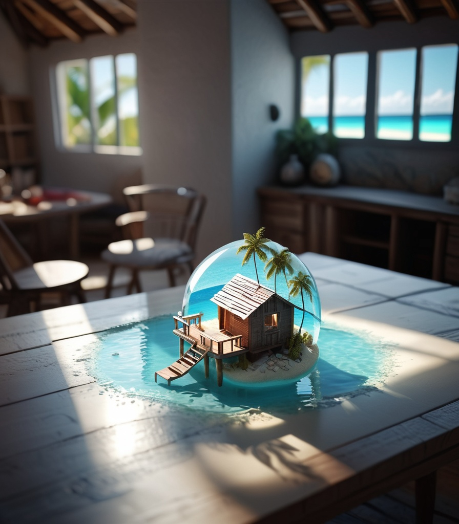 Prompt: miniature isometric world render, a hut surrounded by clear water, bahamas, on a table