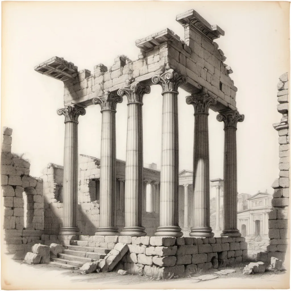 Prompt: pencil-sketch of a ruin of a Roman temple