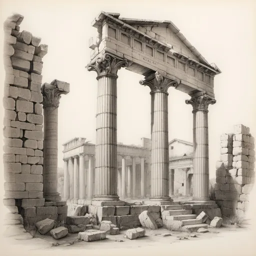 Prompt: pencil-sketch of a ruin of a Roman temple