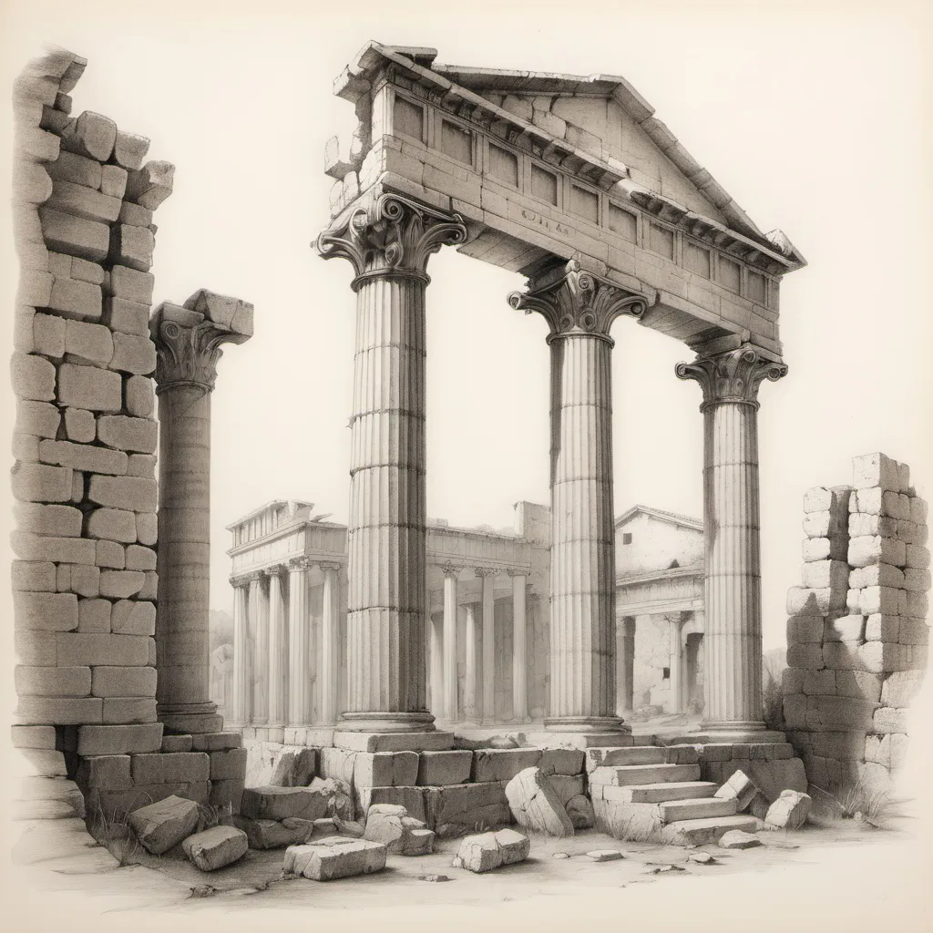 Prompt: pencil-sketch of a ruin of a Roman temple